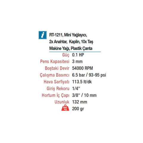 Rotake RT-1211K2 Havalı 3mm Mikro Kalıpçı Taşlama Makine Seti