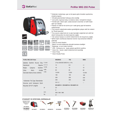 GeKaMac PoWer Mig 255 Pulse Hava Soğutmalı Gazaltı Kaynak Makinesi