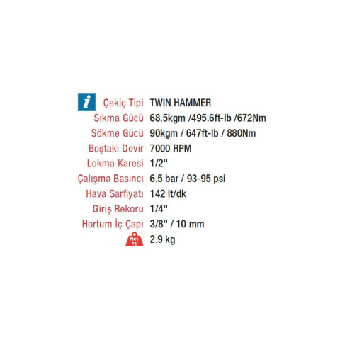 Rotake RT-5278 Havalı 1/2 Somun Sökme Sıkma Makinesi Tabancası 90 KGM