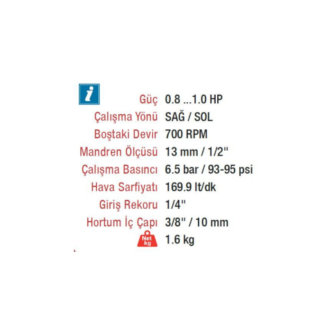 Rotake RT-3808-P Havalı Düz Matkap 10mm