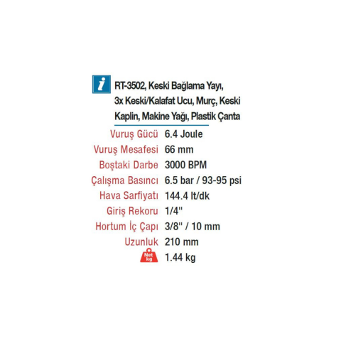 Rotake RT-3502K Havalı 190mm Keski Kalafat Çekici Tabanca Seti 9 Parça