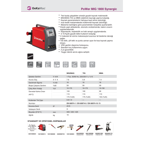 GeKaMac Power MIG 1800 DC Tek Fazlı Sinerjik Gazaltı Kaynak Makinesi