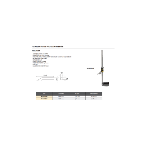Asimeto AS-625240 0-600Mm Dijital Yükseklik Mihengiri Tek Kolon