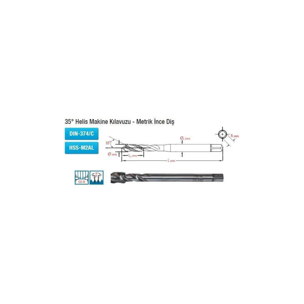 35° Helis Makine Kılavuzu Metrik İnce Diş Dın-374/C Hss-M2AL