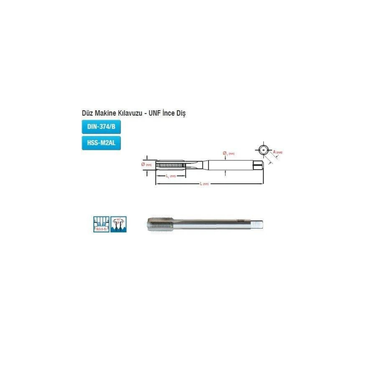 Düz Makine Kılavuzu UNF İnce Diş Dın-374/B Hss-M2AL