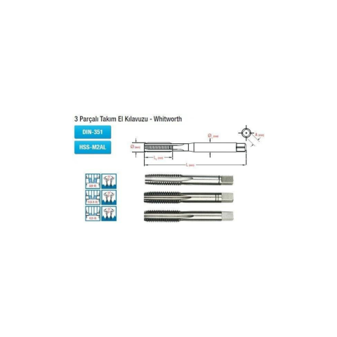 3 Parçalı Takım El Kılavuzu Whitworth Dın-351 Hss-M2AL BSW 7/16 x 14