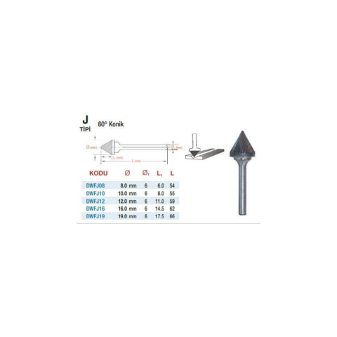 Karbür Kalıpçı Freze ucu / 60° Konik - J Tipi