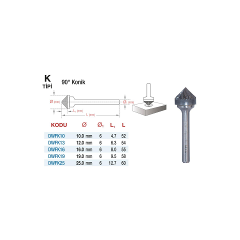 Karbür Kalıpçı Freze ucu / 90° Konik - K Tipi