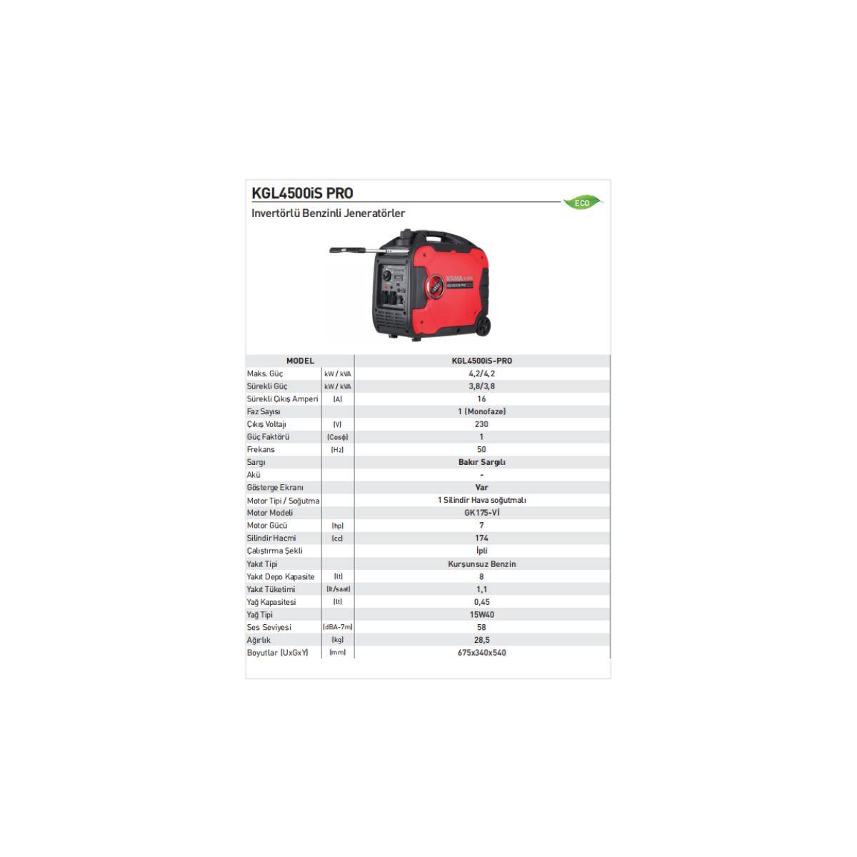 Kama KGL4500iS PRO 4.2KW İnvertörlü Benzinli Jeneratör