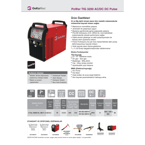 GeKaMac PoWer Tıg 3200 AC DC Pulse Hava Soğutmalı Kaynak Makinesi
