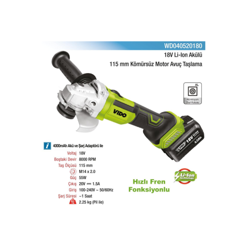 Vido Kömürsüz Avuç Taşlama Makinesi 18V 115 mm