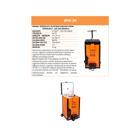 BMK-2K 2 Paketlik  Elektrot Kurutma Fırını Tekerlekli Çekme Kollu 200°C Kare Tip