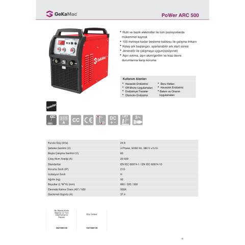 Gekamac Power Arc 500 Inverter Kaynak Makinesi