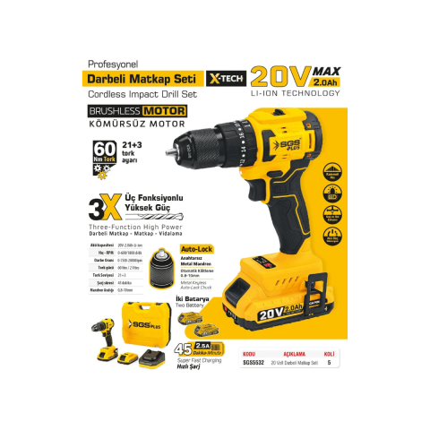SGS5532 Darbeli Matkap Seti Çift Akülü 20 Volt - 2 Amper