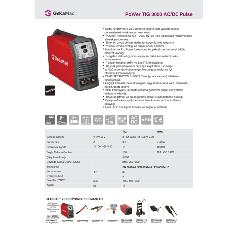 GeKaMac Power Tig 3000 AC DC Pulse Hava Soğutmalı Kaynak Makinesi