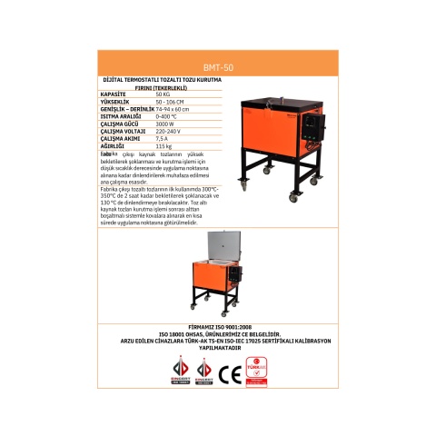 BMT50 50Kg Dijital Termostatlı Tozaltı Tozu Kurutma Fırını