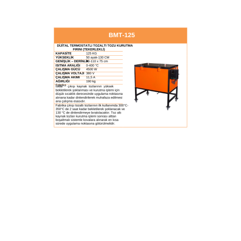 BMT-125 125Kg Dijital Termostatlı Tozaltı Tozu Kurutma Fırını