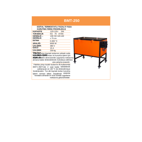 BMT-250 250Kg Dijital Termostatlı Tozaltı Tozu Kurutma Fırını