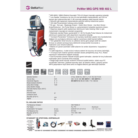 GeKaMac PoWer Mig Gps Wb 402L Hava Soğutmalı Gazaltı Kaynak Makinesi