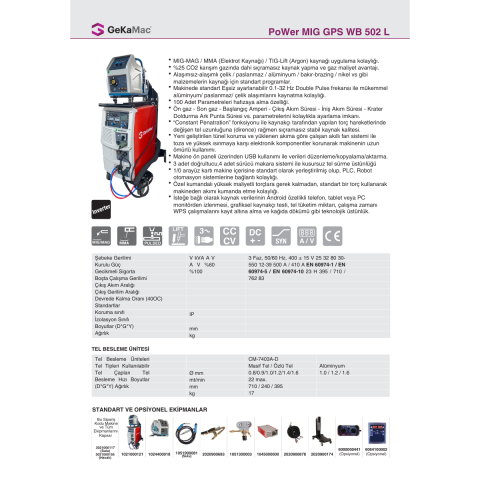 GeKaMac PoWer Mig Gps Wb 502L Dc Pulse Hava Soğutmalı Gazaltı Kaynak Makinesi