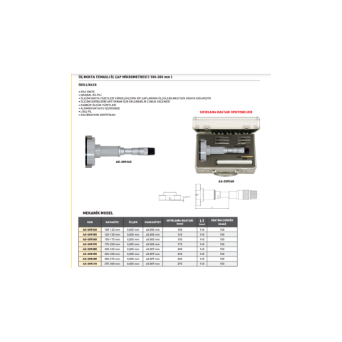 Asimeto Üç Nokta Temaslı Mekanik İç Çap Mikrometre 225-250x0,005 mm