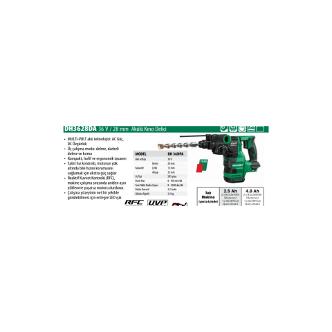Hikoki Dh3628da 36 V / 28 Mm Multi Volt 36v Kömürsüz Çift Akülü Kırıcı Delici 4.0 Ah(Kopya)