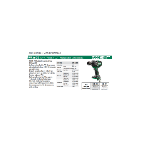 Hikoki Wr36de-2.5 Multi Volt / 36v 1/2'', 770nm Darbeli̇ Somun Sikma - 4,0 Ah