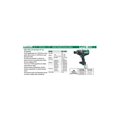 Hikoki WR36DB Li-Ion Çift Akülü Kömürsüz Profesyonel Somun Sıkma 36 V 2,5 Ah